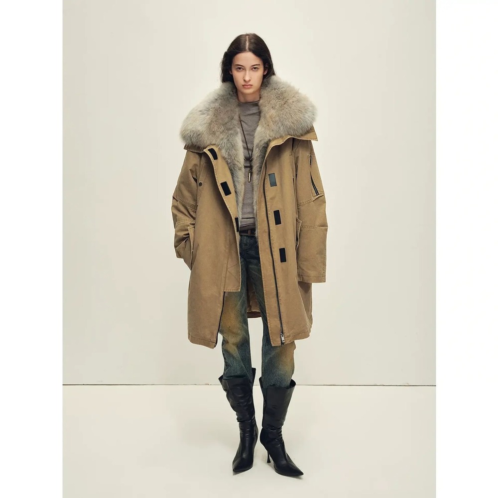 Atorie Fireladyfur Fur Collar Parka Goose Down Longline Coat Tan Brown Med NWT